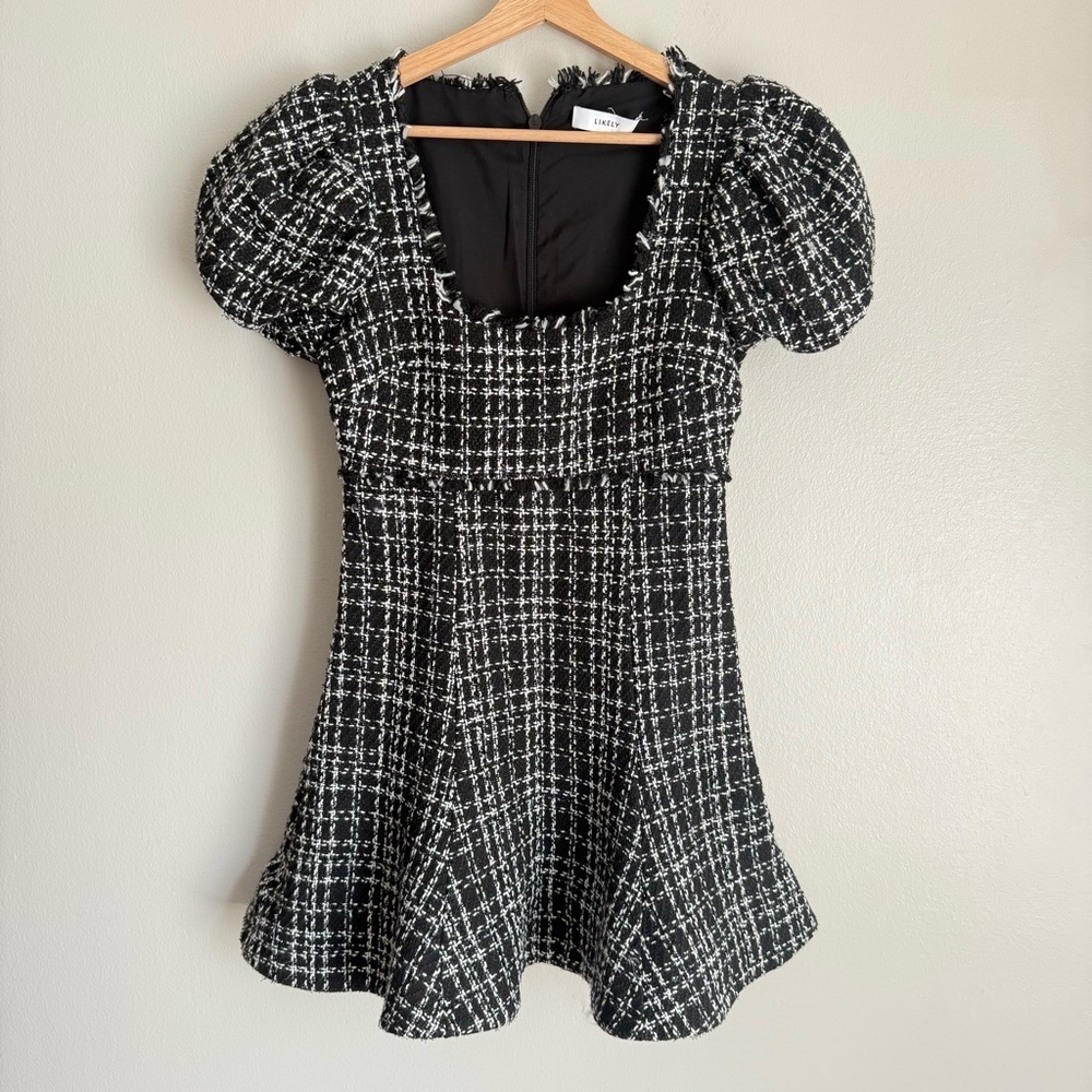 LIKELY Women's Alessandra tweed puff sleeve Dress black white - Picture 2 of 6